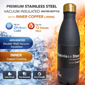 Premium Stainless Steel Vacuum Insulated Water Bottle with Inner Copper Coating – 24H Cold & 12H Hot (Black & Gold) (1000 ML)