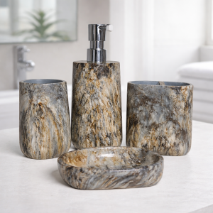 Marble Finish Ceramic Bathroom Accessory Set (4-Piece, Grey & Brown)