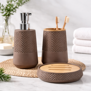 Premium Matte Brown Bathroom Accessory Set with Bamboo Finish (3 Pieces)