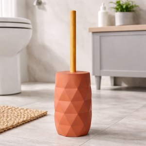 Modern Geometric Toilet Brush with Bamboo Handle – Terracotta Finish