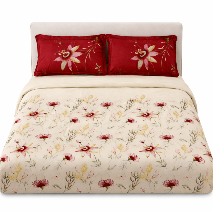 Portico New York Magnum Floral Super King Bedsheet Set (100% Cotton, Red & Cream)