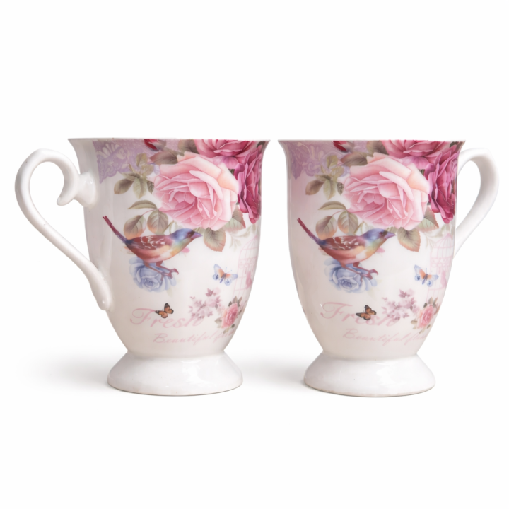 Elegant Floral Ceramic Mug Set (Set of 2) – Rose & Bird Design