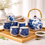 Classic Blue & White Ceramic Tea Set with Bamboo Handle (6-Piece Set)