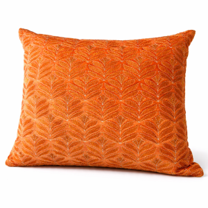 Premium Orange Embroidered Cushion Cover with Metallic Leaf Pattern