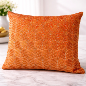 Premium Orange Embroidered Cushion Cover with Metallic Leaf Pattern