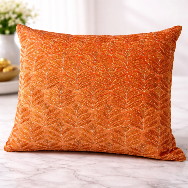 Premium Orange Embroidered Cushion Cover with Metallic Leaf Pattern