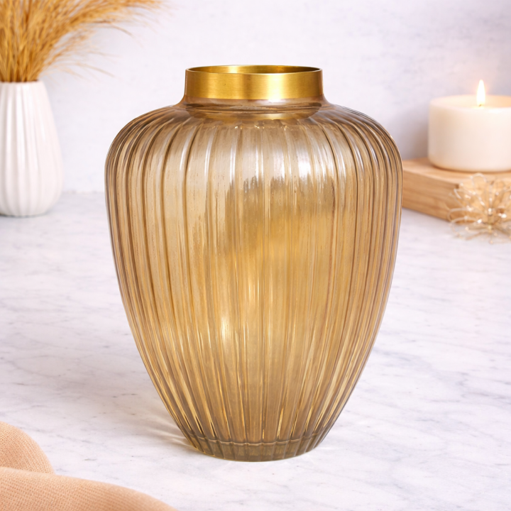 AmberGlow Ribbed Glass Decorative Vase with Gold Rim