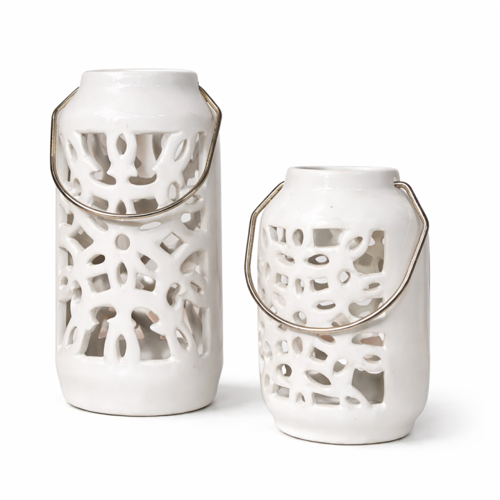 Elegant White Ceramic Cutwork Lantern Set (Set of 2)