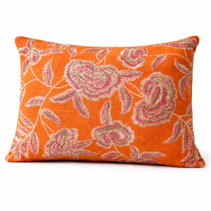 Luxury Orange Floral Embroidered Cushion Cover with Metallic Thread Work