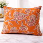 Luxury Orange Floral Embroidered Cushion Cover with Metallic Thread Work