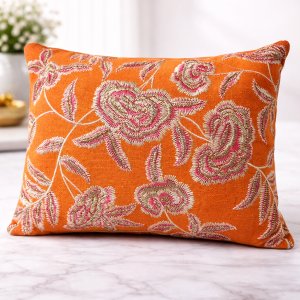 Luxury Orange Floral Embroidered Cushion Cover with Metallic Thread Work