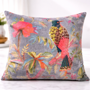 Premium Grey Velvet Tropical Bird Printed Cushion Cover