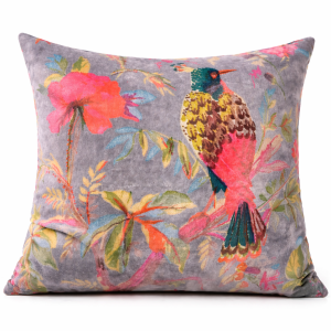 Premium Grey Velvet Tropical Bird Printed Cushion Cover