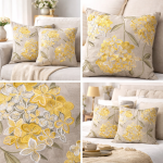 Premium Beige Floral Embroidered Cushion Cover with Gold & Silver Thread Work