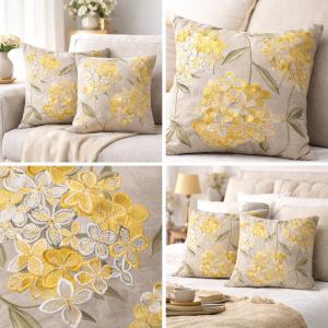 Premium Beige Floral Embroidered Cushion Cover with Gold & Silver Thread Work