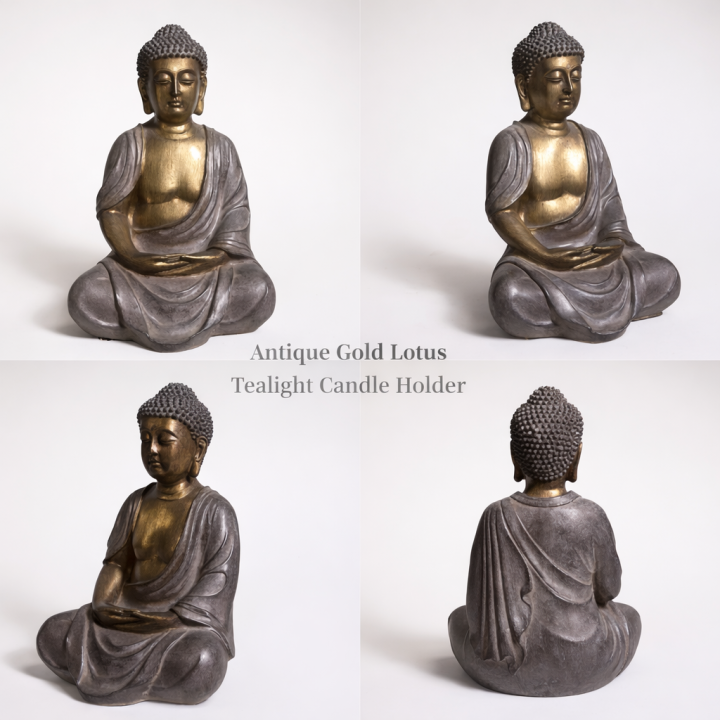 Serenity Meditating Buddha Statue Set (Gold & Antique Grey Finish)