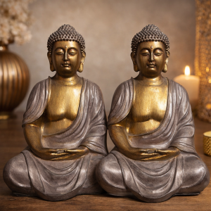 Serenity Meditating Buddha Statue Set (Gold & Antique Grey Finish)
