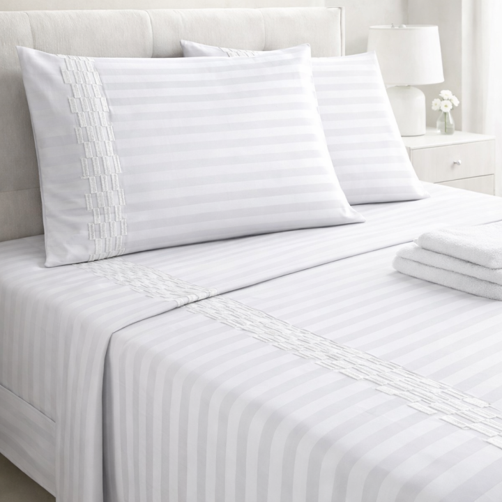 Premium White Stripe Embroidered Bedsheet Set