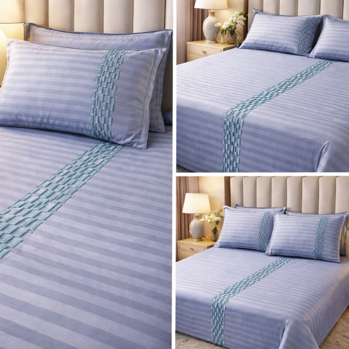 Platina Premium Striped Cotton Bedsheet Set – Luxury Soft Finish (Blue)