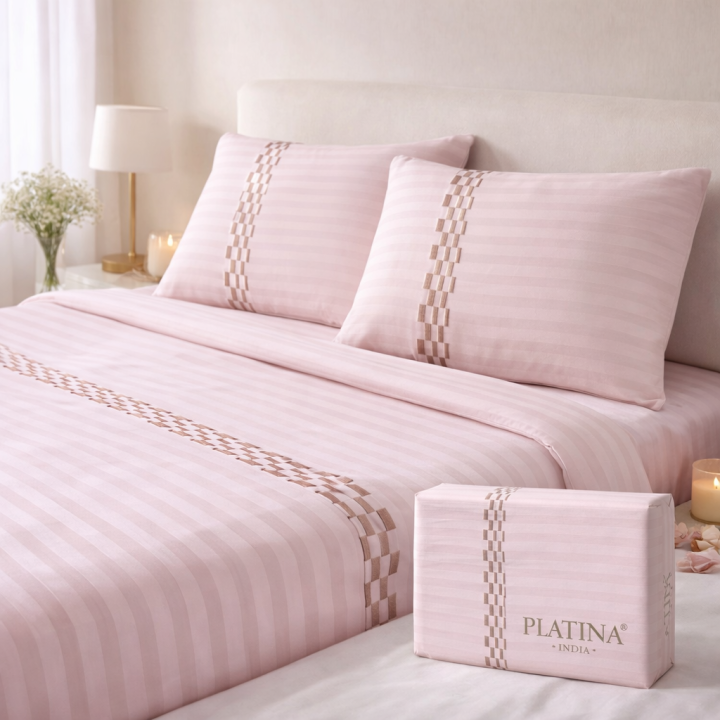Platina Premium Satin Stripe Double Bed Bedsheet Set with 2 Pillow Covers – Luxury Pink Collection